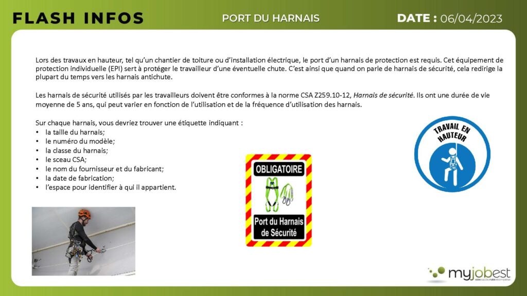 Image regroupant les informations importantes sur le harnais de sécurité. Dedans 3 images représentant le harnais ainsi que les pictogrammes de signalisation.
