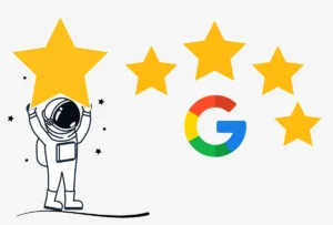 à gauche un cosmonaute dessiné qui tient une étoile jaune dans ses mains, à droite le logo Google avec 4 autres étoiles jaune au dessus