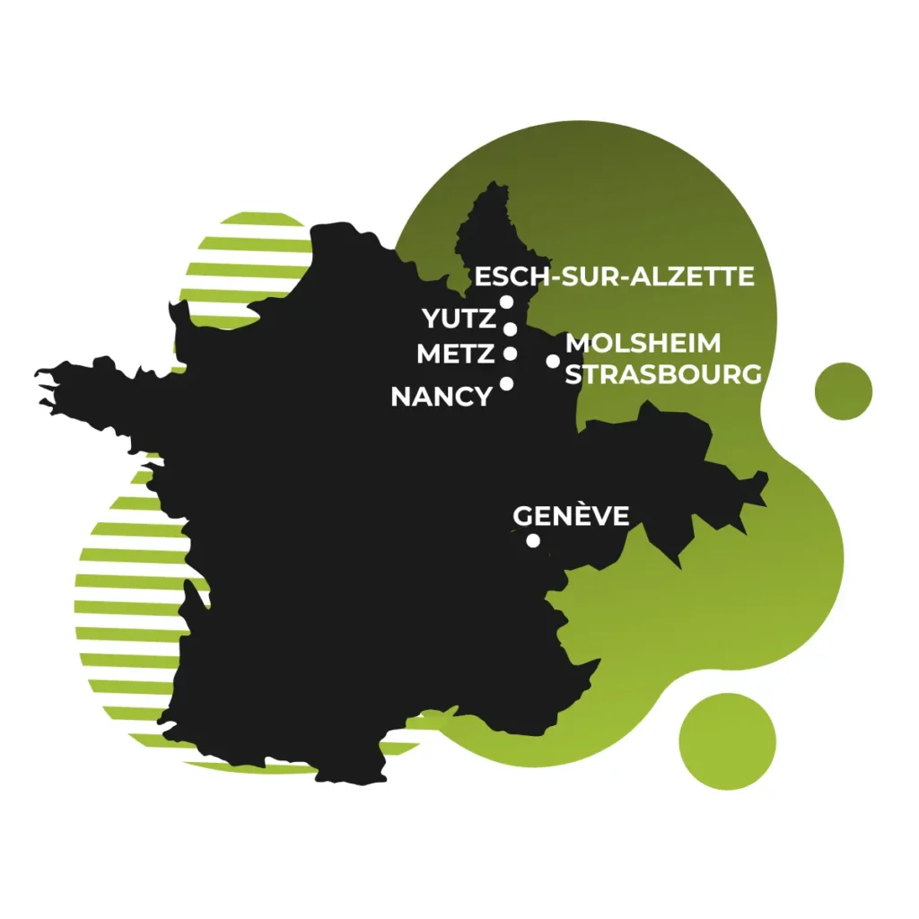 un carte de la france, du luxembourg et de la suisse, après des points qui localisent nos agences dans les villes yutz, metz, nancy, molsheim, strasbourg, geneve et esch-sur-alzette
