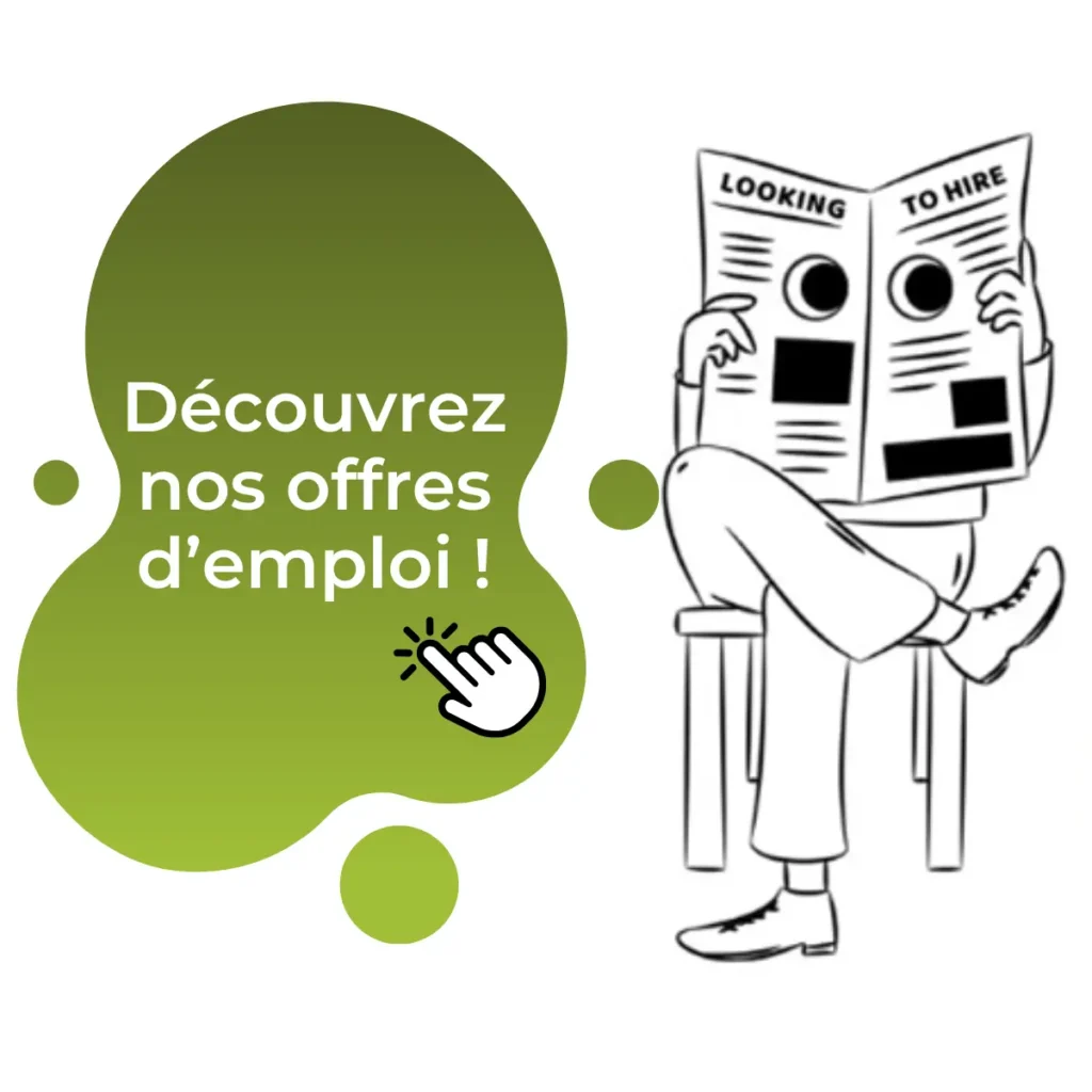 à gauche un élément décoratif vert avec écrit dessus "Découvrez nos offres d'emploi" et à droite un personnage dessiné assis sur une chaise qui tient un journal, il est possible de cliquer sur l'image pour arriver sur la page des offres d'emploi